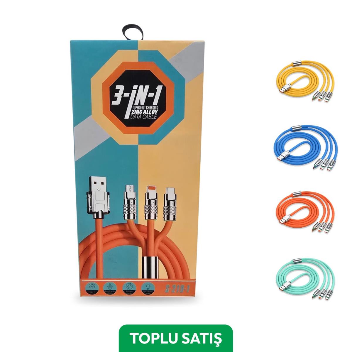 Viges 3'� Bir Arada Type-C-Micro Usb-Lightning Uyumlu Metal Ba�l�kl� 4 Renk �arj Kablosu Toplu Sat��